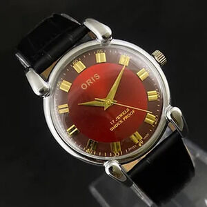 Vintage 1975 Oris Manual Mens Silver Watch W/Leather Strap & Red accents